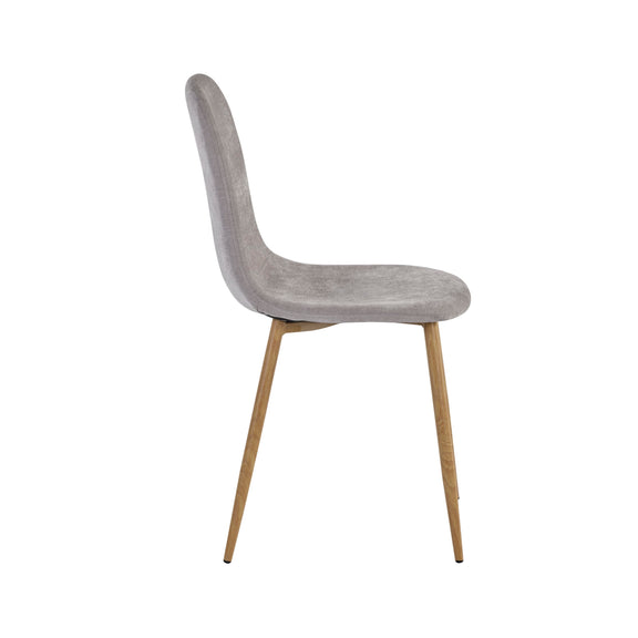 Gray upholstered chair with wooden legs on a white background