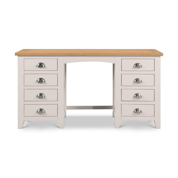 Wooden desk with white base and drawers on a white background