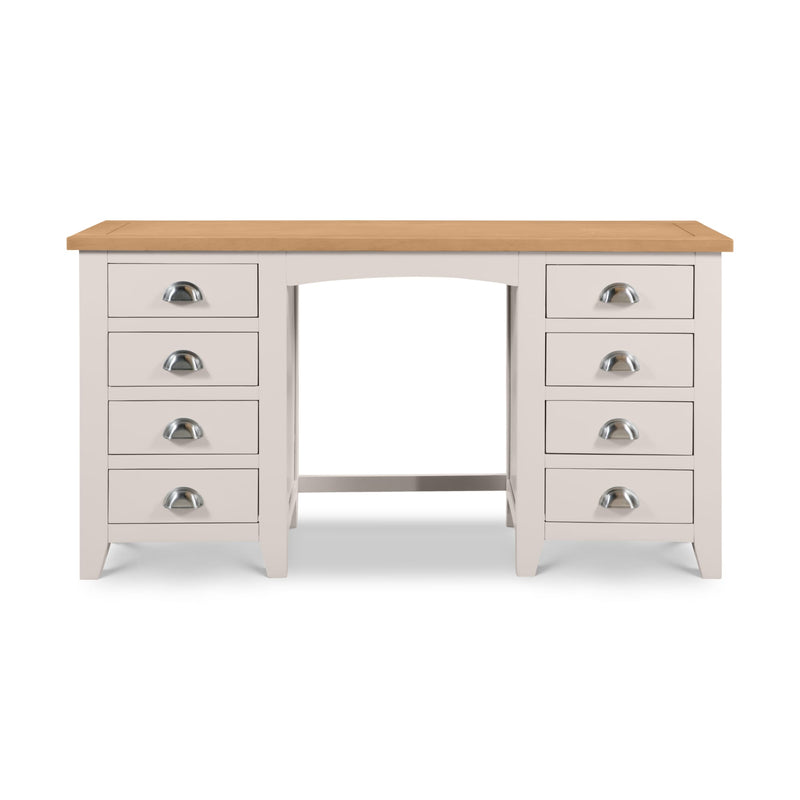Wooden desk with white base and drawers on a white background