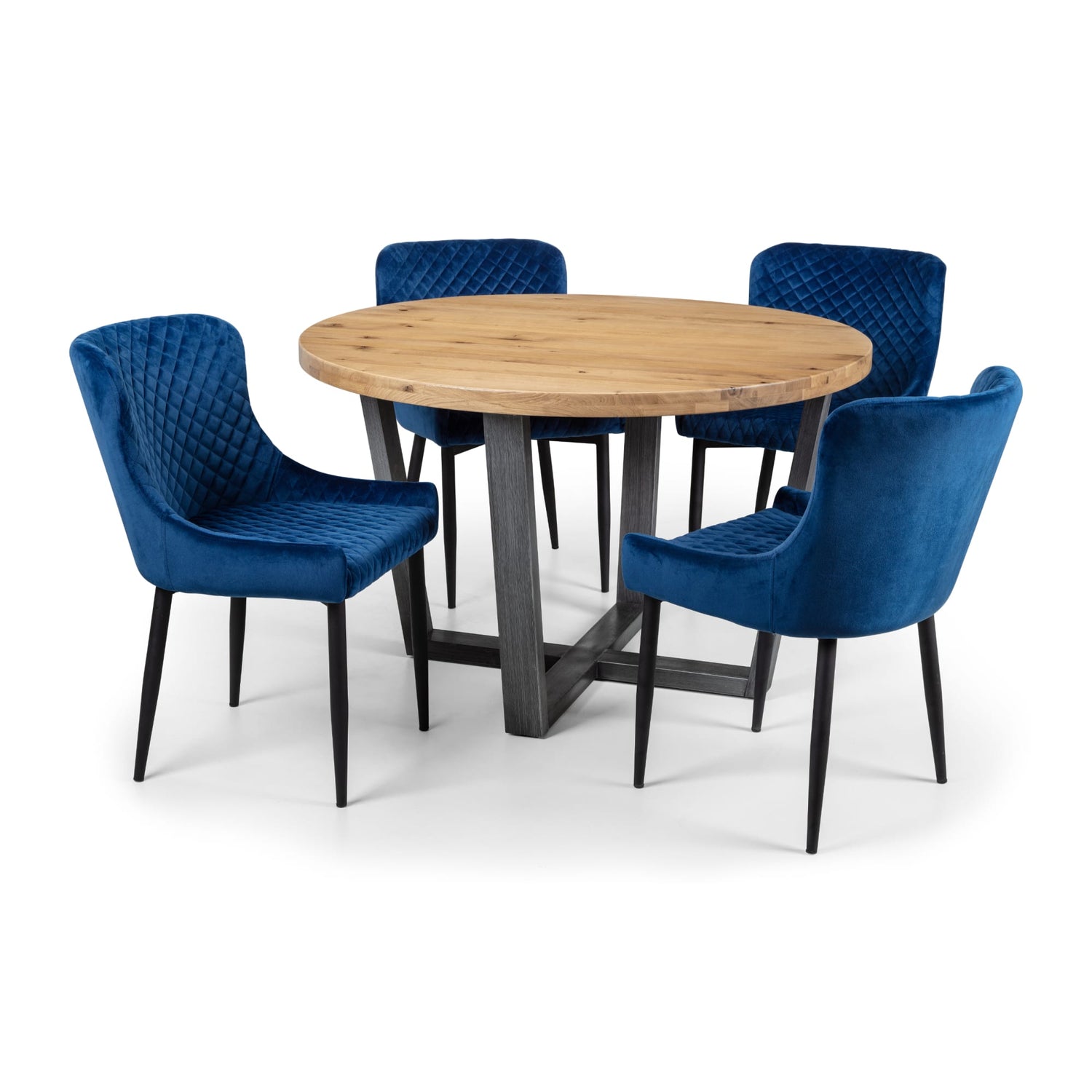Round wooden table with four blue chairs on a white background