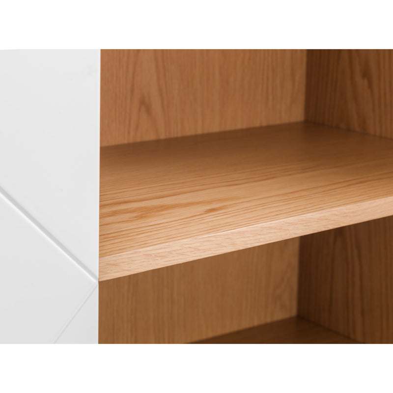 Wooden shelf corner with a white wall background