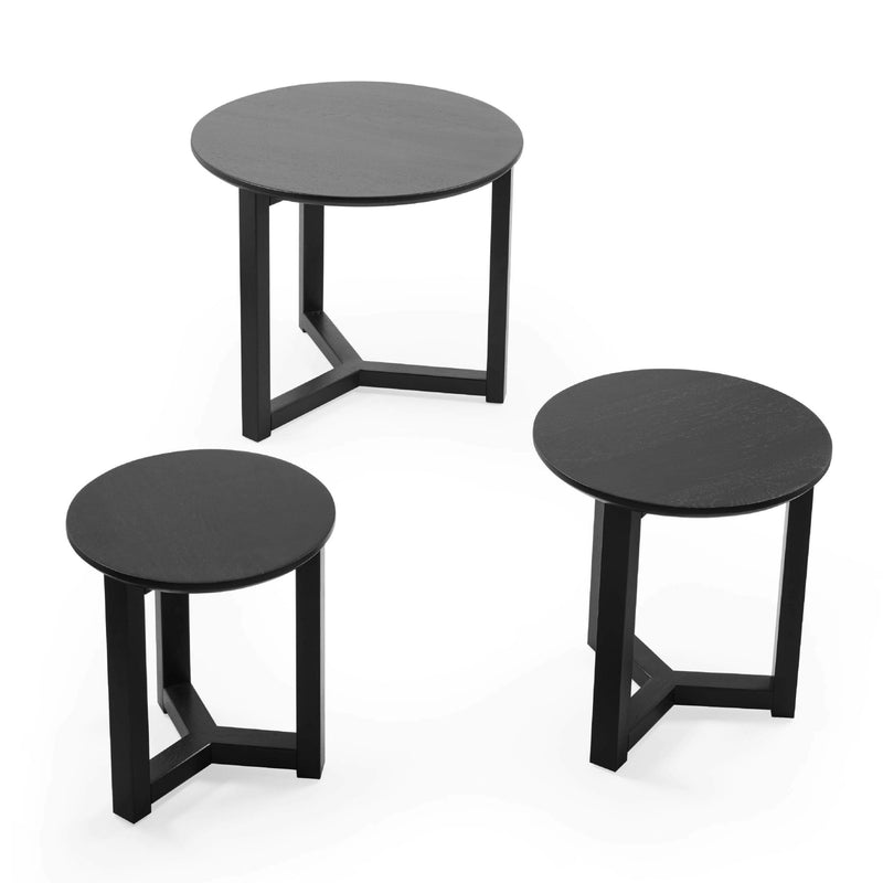 Three black side tables on a white background