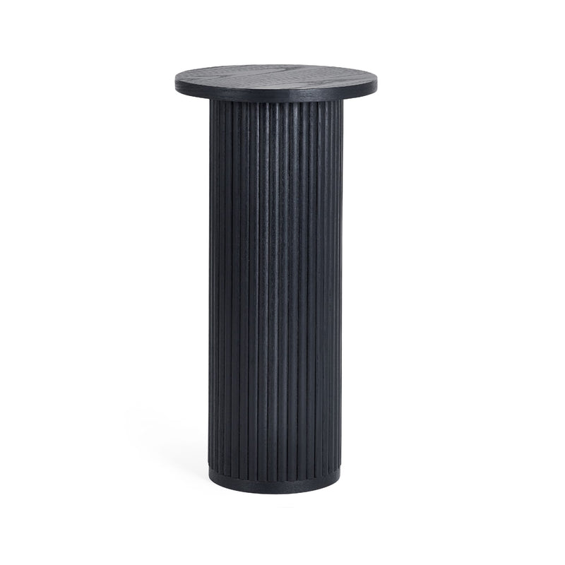 Black cylindrical side table with ribbed texture on a white background