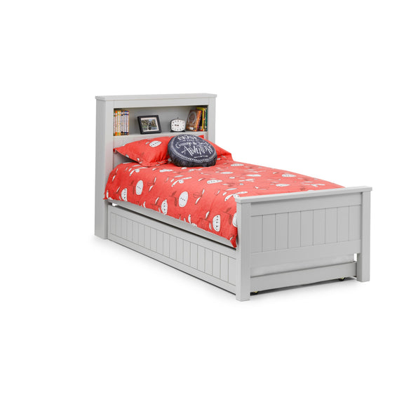 Gray bed with red bedding and a gray pillow on a white background