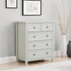 Gray dresser with multiple drawers in a room with a light gray wall and decorative elements.