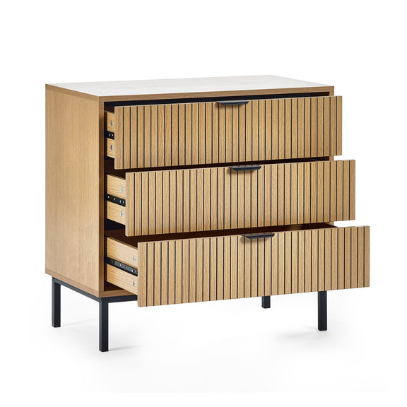 Wooden dresser with four drawers on a white background