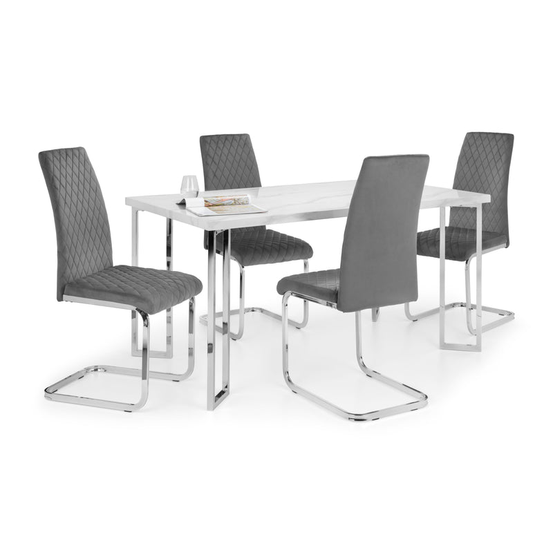 Dining table set with four gray chairs on a white background