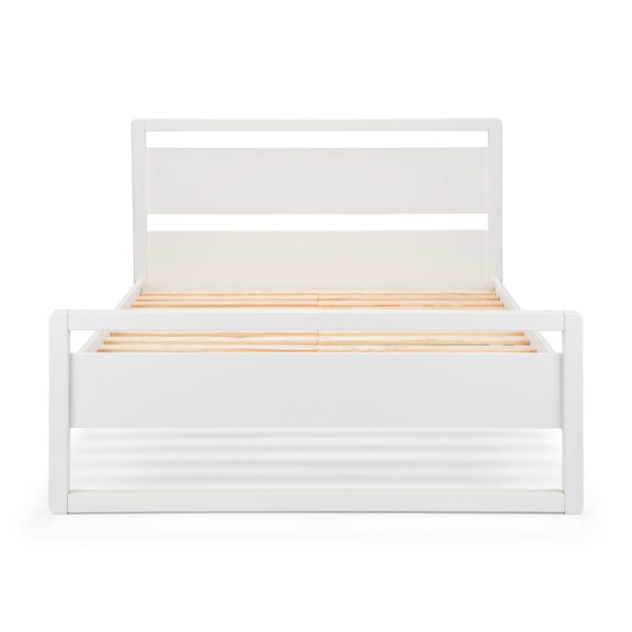 White bed frame with wooden slats on a white background