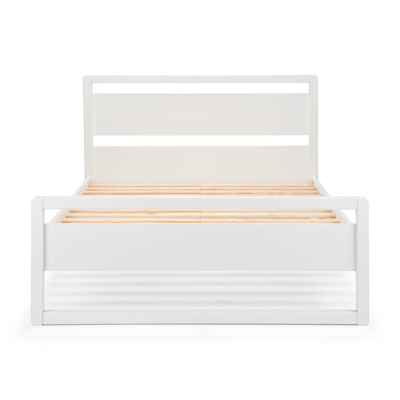 White bed frame with wooden slats on a white background