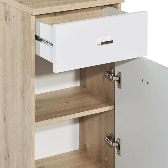 Wooden cabinet with open drawer and door, showing hardware details.