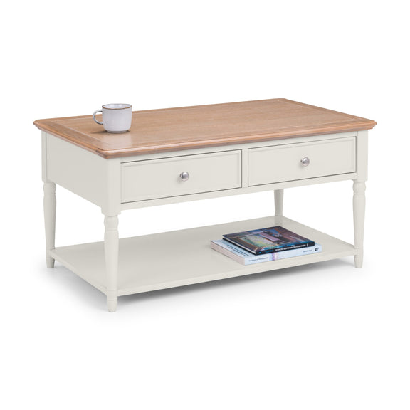 Coffee table with wooden top and white base on a white background
