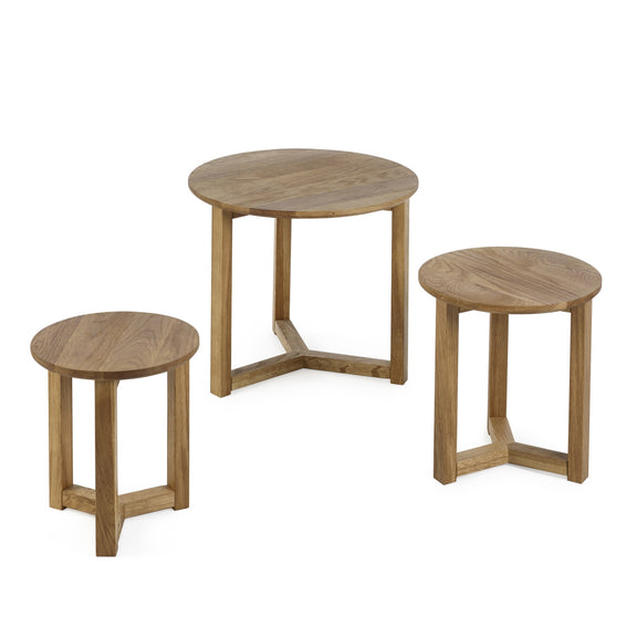 Set of three wooden side tables on a white background