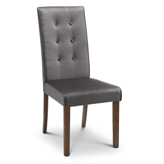 Gray upholstered chair with wooden legs on a white background