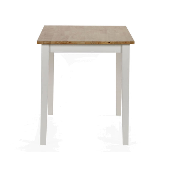 Small square table with wooden top and white base on a white background