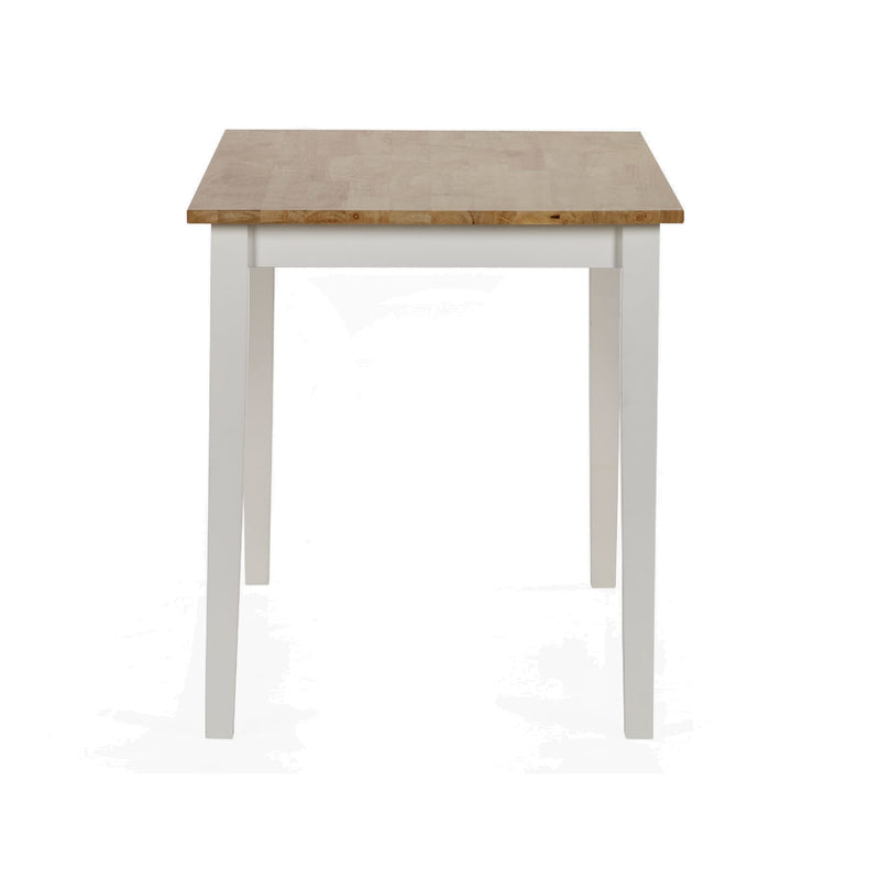 Small square table with wooden top and white base on a white background