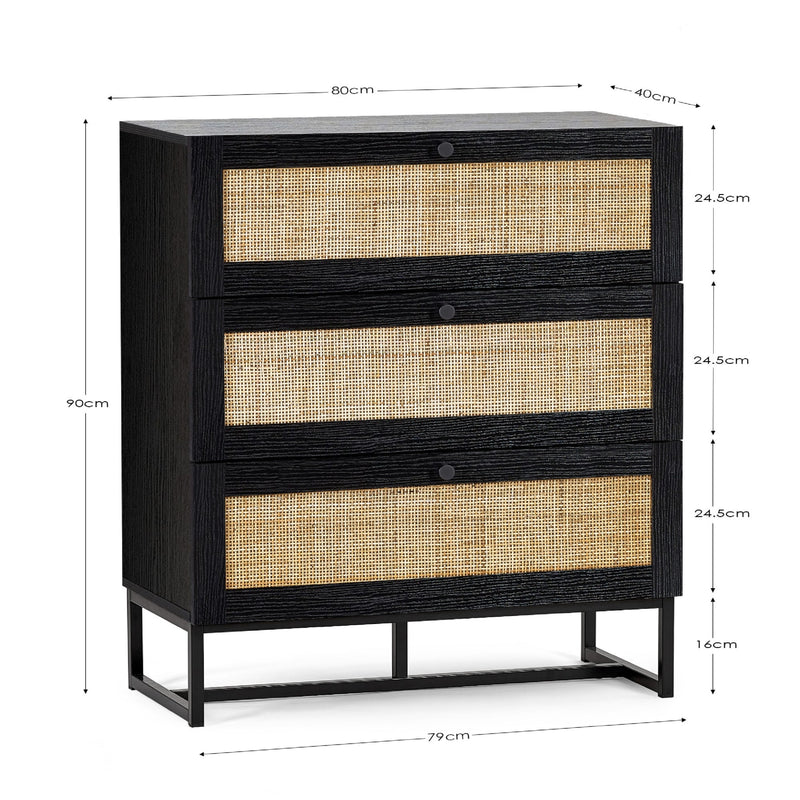 Black dresser with wicker drawers and dimensions on a white background
