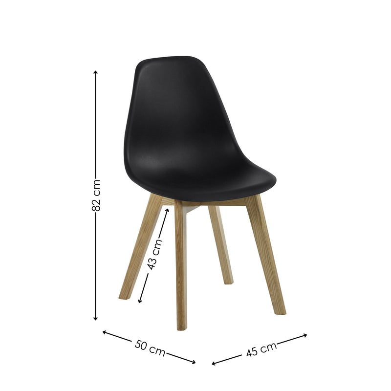Black chair with wooden legs and dimensions on a white background