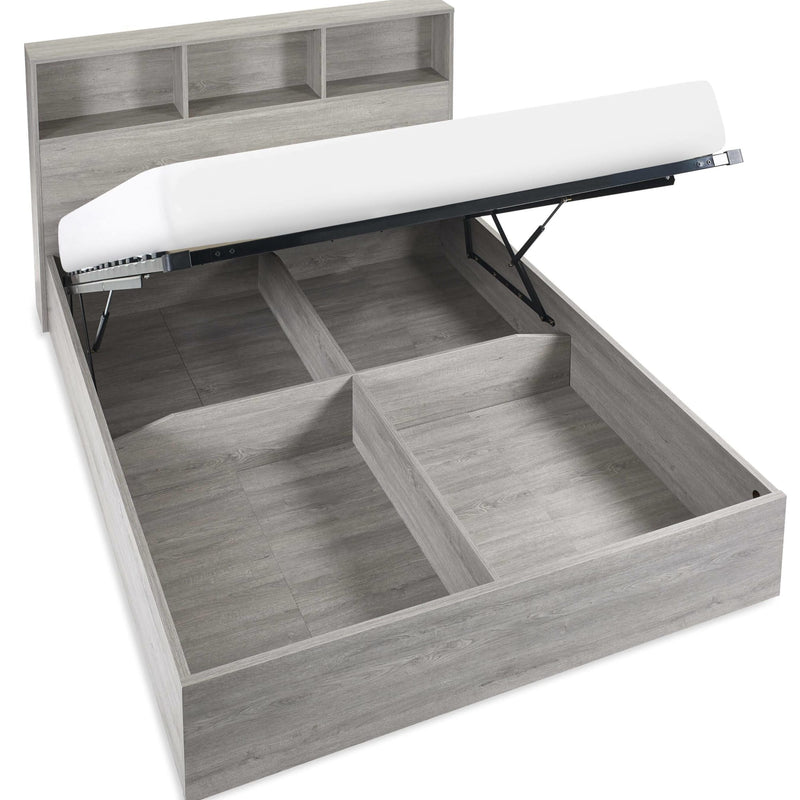 Gray wooden bed with pull-out white surface and storage compartments on a white background