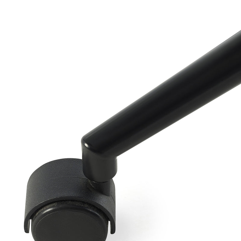 Black metal arm and caster wheel on a white background