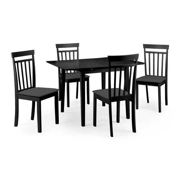 Black dining table set with four chairs on a white background