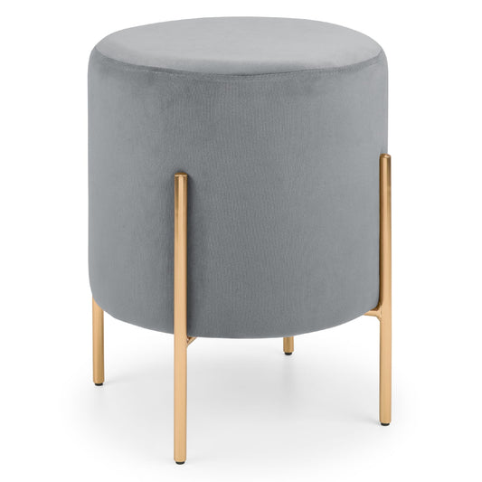 Gray upholstered stool with gold legs on a white background
