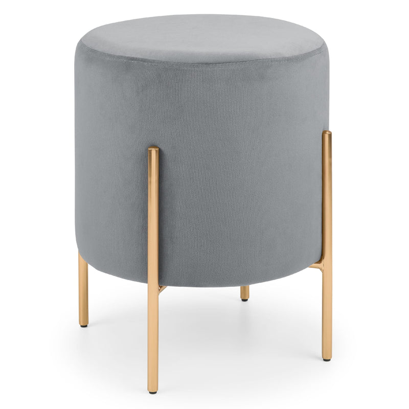 Gray upholstered stool with gold legs on a white background