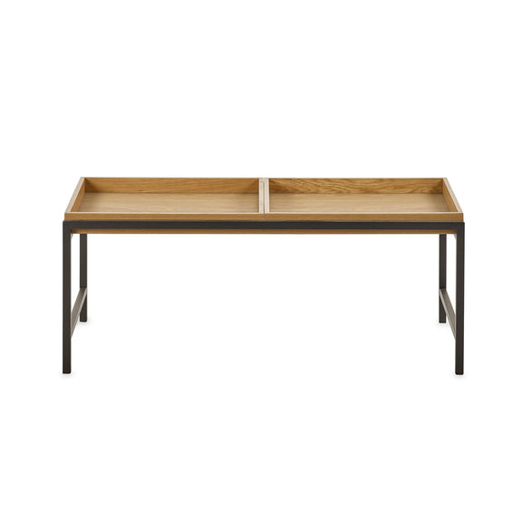 Wooden table with metal legs on a white background