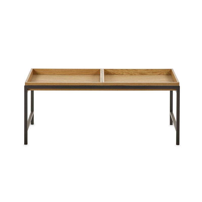 Wooden table with metal legs on a white background