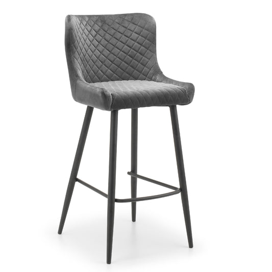 Gray quilted bar stool with black legs on a white background