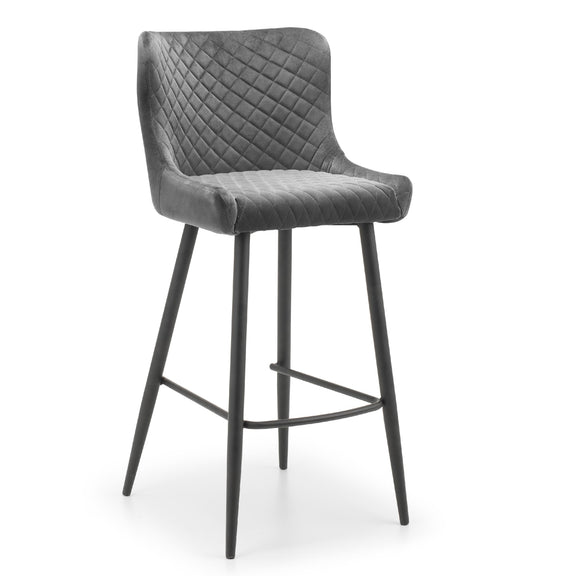 Gray quilted bar stool with black legs on a white background