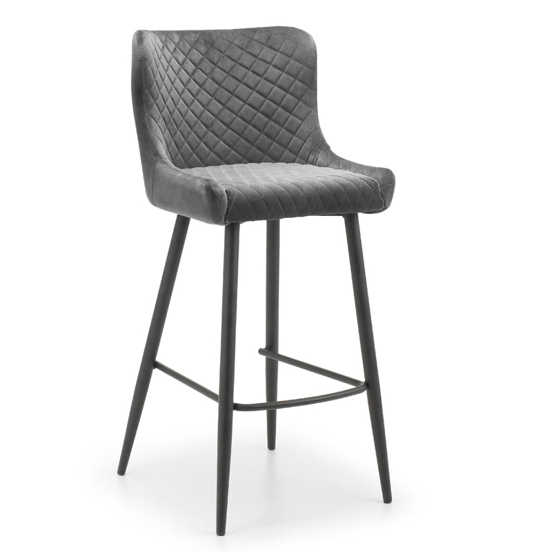 Gray quilted bar stool with black legs on a white background