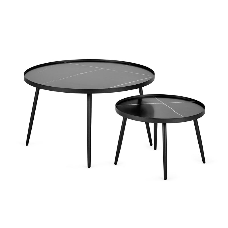 Two black coffee tables with marble-like tops on a white background