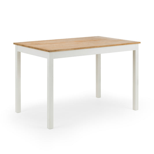 Rectangular table with wooden top and white legs on a white background