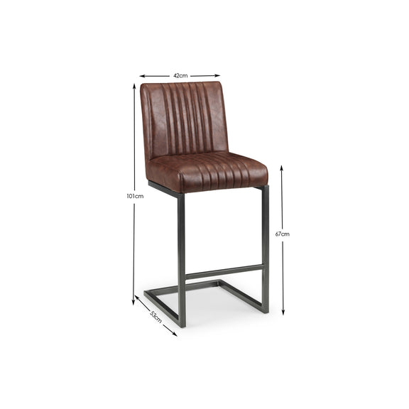 Brown bar stool with dimensions on a white background
