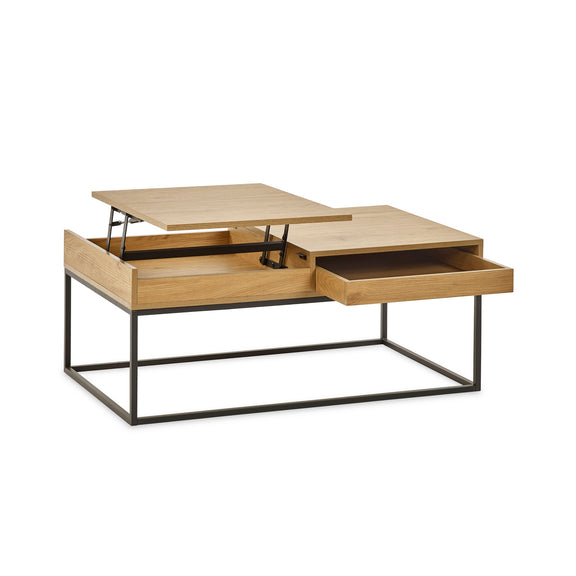 Wooden coffee table with lift-top design on a white background
