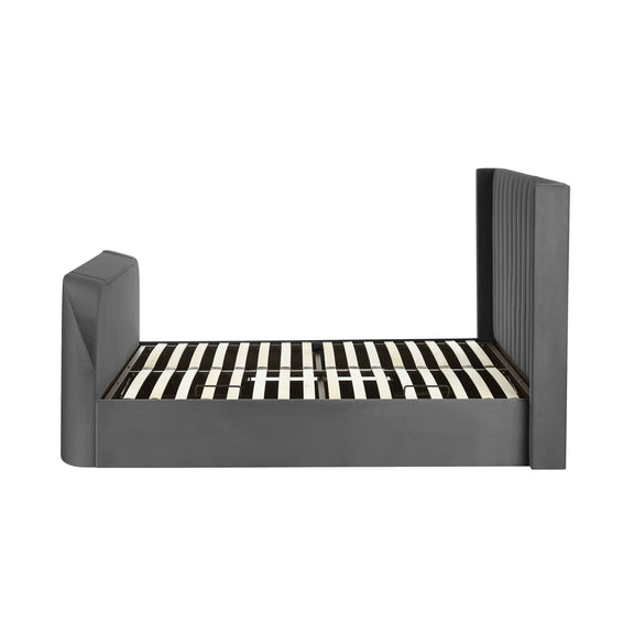 Gray pet bed with striped cushion on a white background