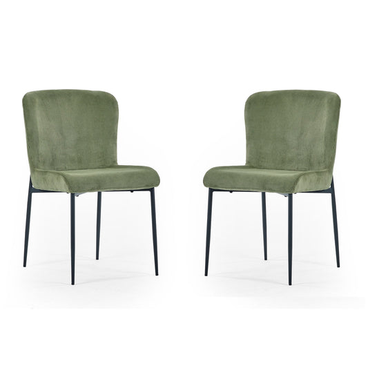 Two green chairs with black legs on a white background