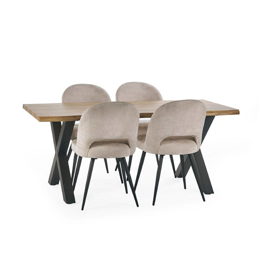 Dining table with four chairs on a white background