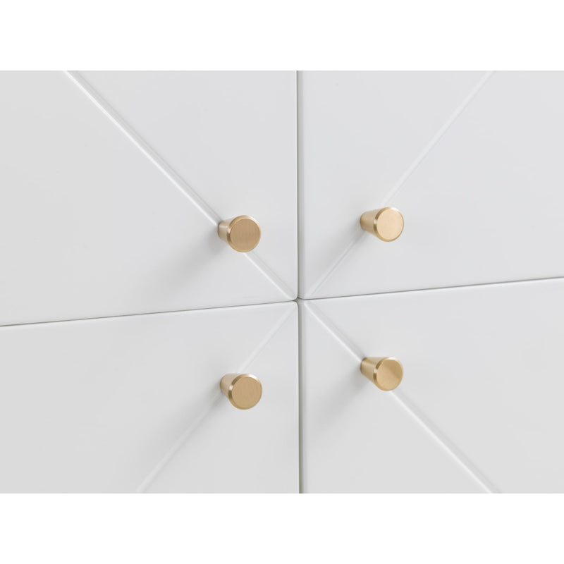 White cabinet with gold knobs on a white background
