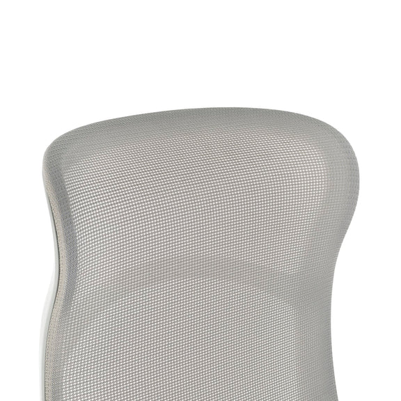 Close-up of a gray mesh office chair backrest on a white background