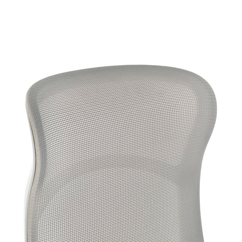 Close-up of a gray mesh office chair backrest on a white background