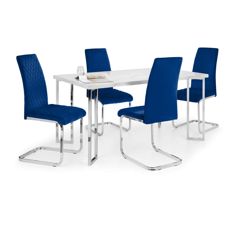 Dining table set with four blue chairs on a white background