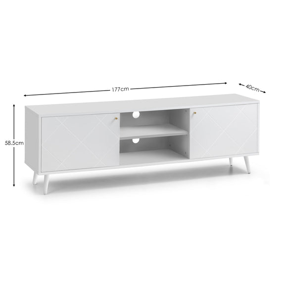 White TV stand with dimensions labeled on a white background