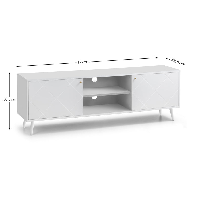 White TV stand with dimensions labeled on a white background