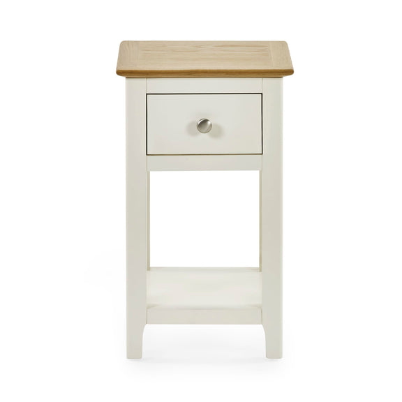 White nightstand with a wooden top on a white background