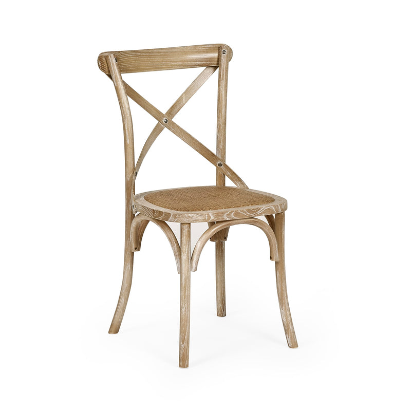 Wooden chair with a woven backrest and seat on a white background