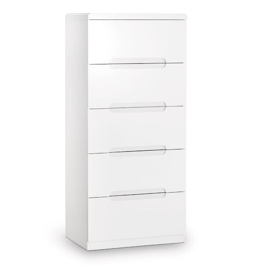 White dresser with four drawers on a white background