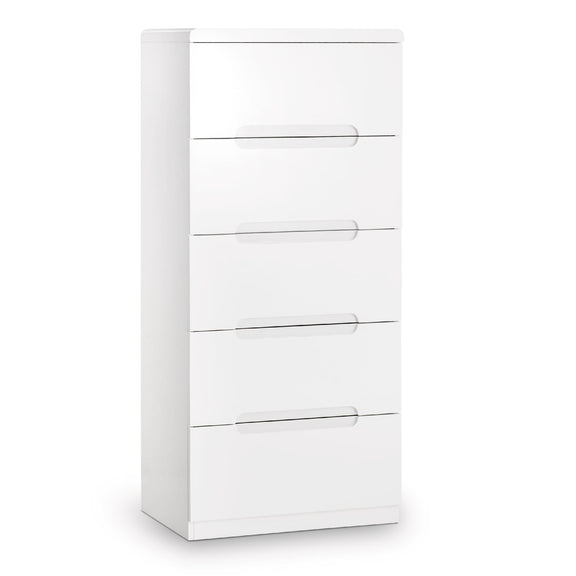 White dresser with four drawers on a white background