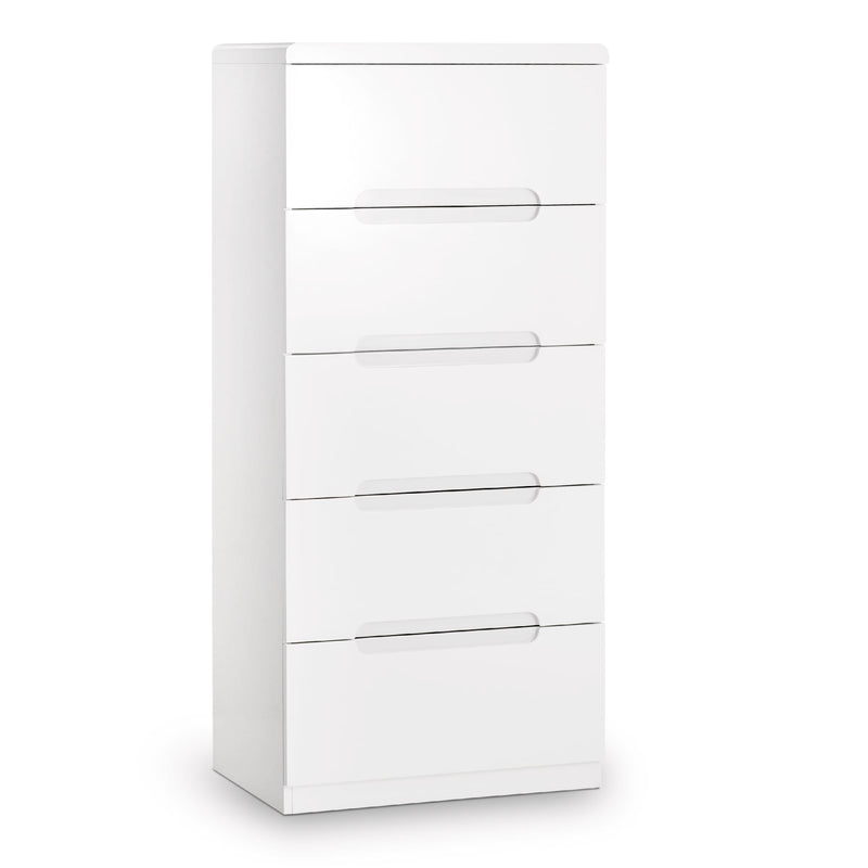 White dresser with four drawers on a white background
