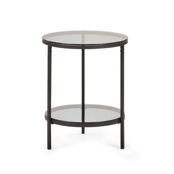 Round side table with glass top and black metal frame on a white background